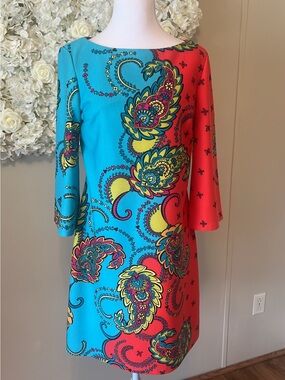 Muse Two-Tone Paisley Shift Dress - Turquoise & Coral with Yellow Accents